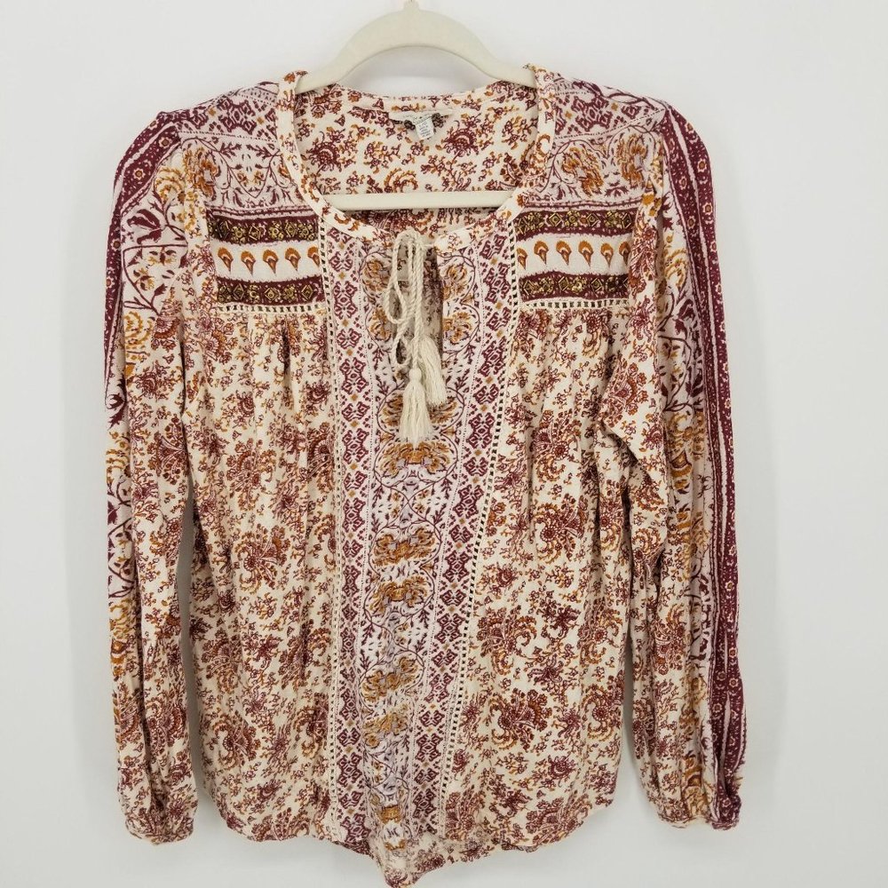 Lucky Brand Paisley Boho Beaded Tassel Top L